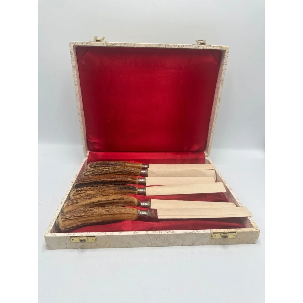Anton Wingen Jr Solingen Germany‎ Stag Horn Steak Knives Set of 6 Etched Hunting